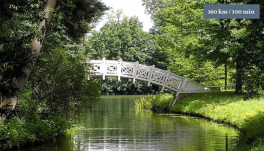 Das Gartenreich im Wörlitzer Garten in gedecktem Grün, ein Fluss mit einer weißen Brücke.