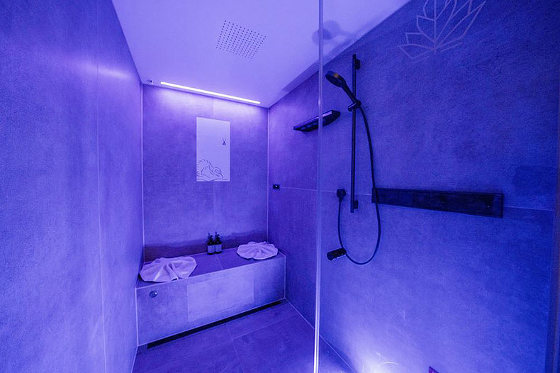 Exklusiver Vitalbereich der Private Spa Suite mit Dampfsauna in verschiedenen Farbharmonien.