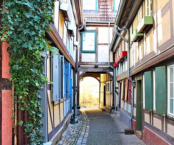 Bunte Fachwerkhäuser in einer Gasse in Quedlinburg.