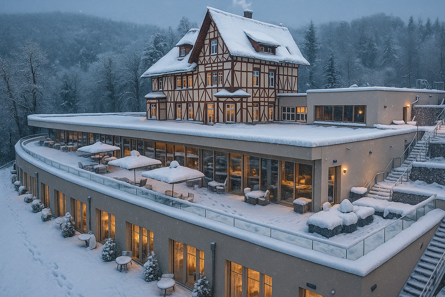FreiWerk in Winterstimmung Das Hotel & Spa Suiten FreiWerk in Abenddämmerung in winterlicher Stimmung.